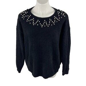 Listicle Women Large Black Sweater Faux Pearl Rhinestone Neck NWT